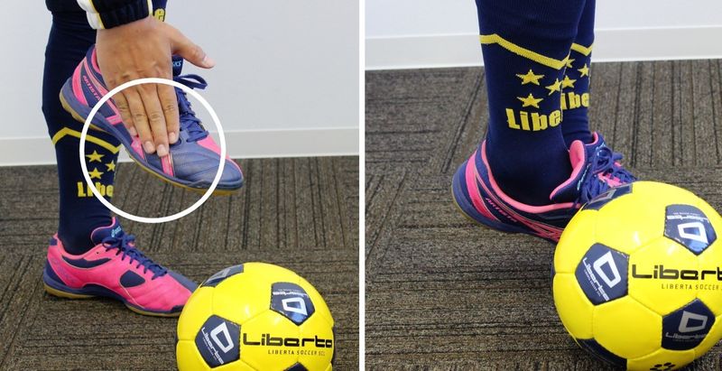 足の外側○の部分にボールがあたるように蹴る